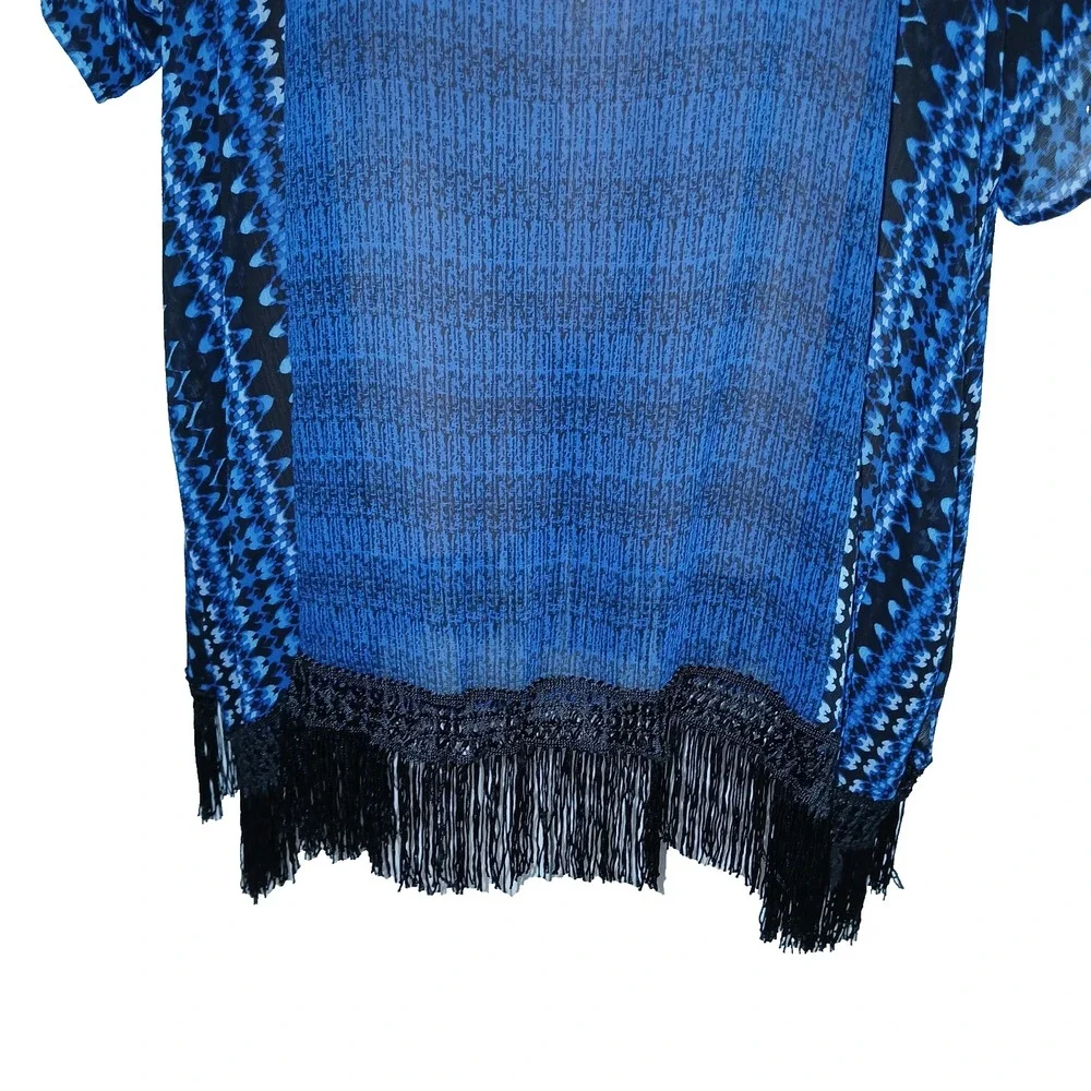 Catherines Women Fringe Tunic Top 4X 5X Blue Geometric Bohemian Sheer Coverup